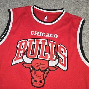 Chicago Bulls Basketball Jersey Mens Large Red 2-Sided Printed Spell Out NBA